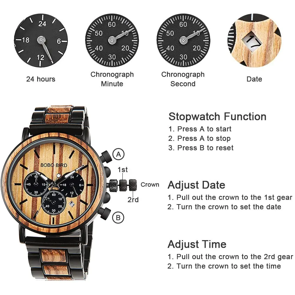 BOBO BIRD Wooden Mens Watch Large Size Stylish Wood & Stainless Steel Chronograph (Black Wood Band) | Quartz Military - view 6