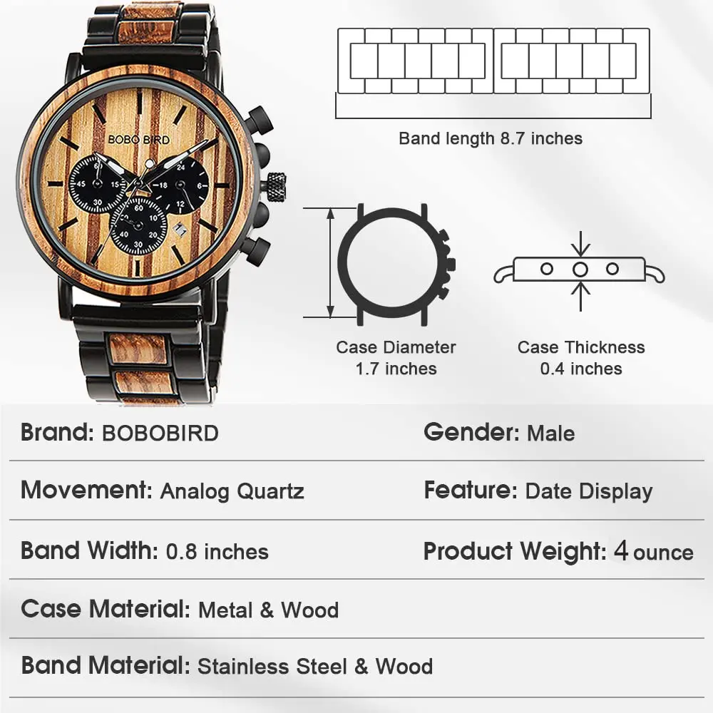 BOBO BIRD Wooden Mens Watch Large Size Stylish Wood & Stainless Steel Chronograph (Black Wood Band) | Quartz Military - view 7