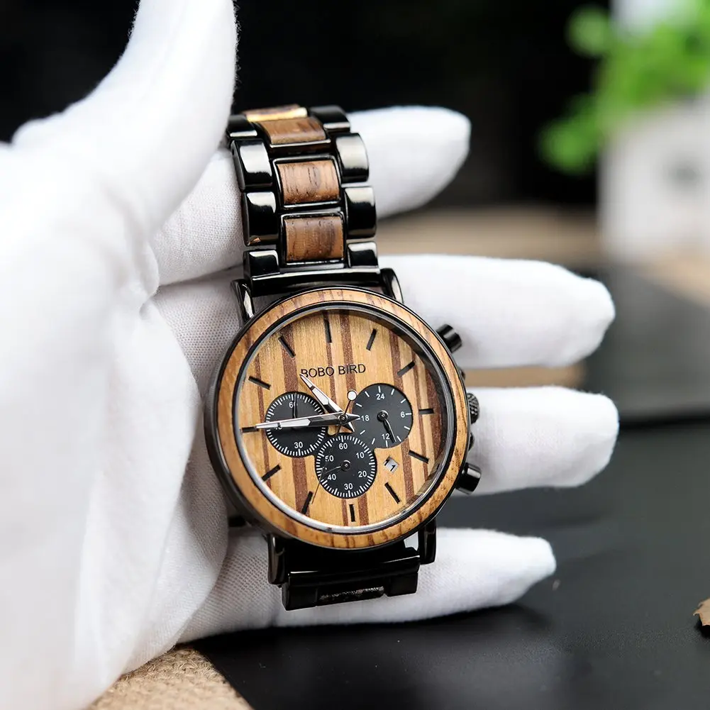 BOBO BIRD Wooden Mens Watch Large Size Stylish Wood & Stainless Steel Chronograph (Black Wood Band) | Quartz Military - view 2