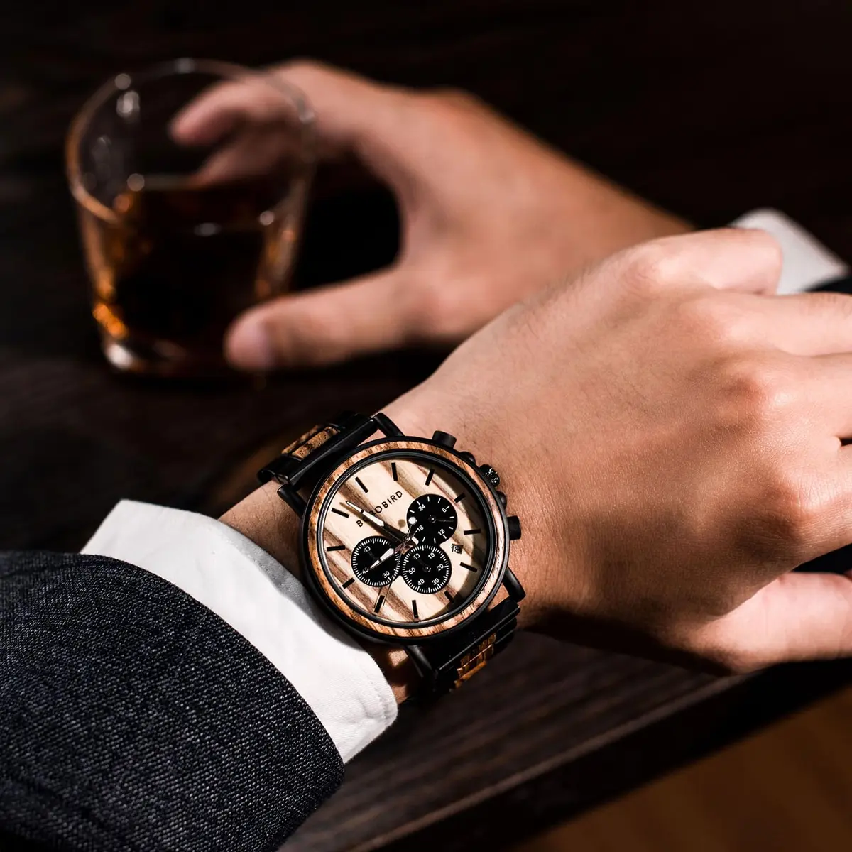 BOBO BIRD Wooden Mens Watch Large Size Stylish Wood & Stainless Steel Chronograph (Black Wood Band) | Quartz Military - view 3