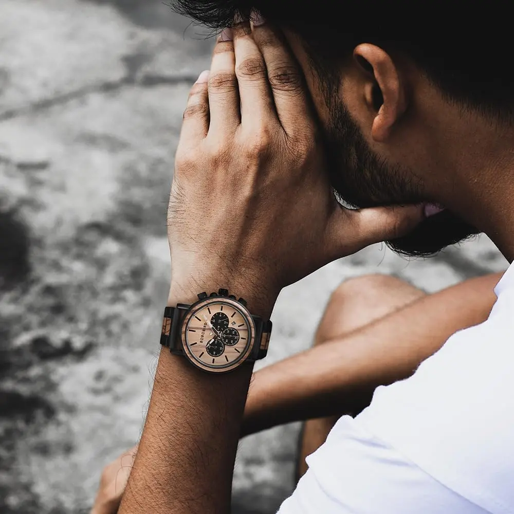 BOBO BIRD Wooden Mens Watch Large Size Stylish Wood & Stainless Steel Chronograph (Black Wood Band) | Quartz Military - view 4