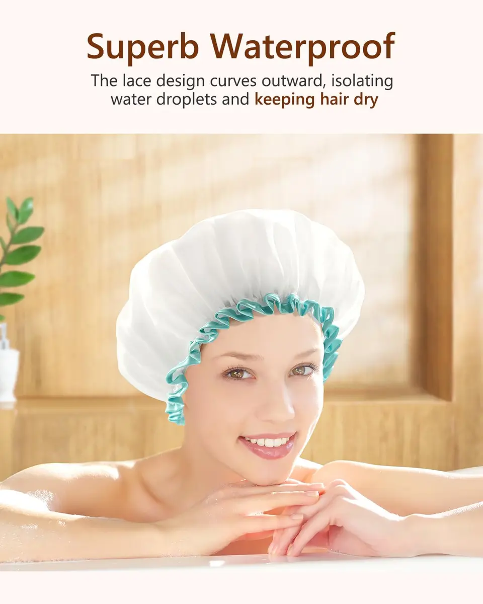 mikimini White Shower Cap 2 Pack | Double Waterproof, Reusable, Washable, Comfortable - view 5