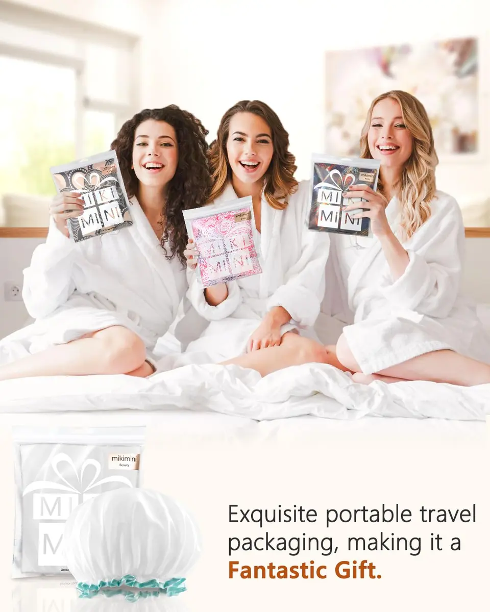 mikimini White Shower Cap 2 Pack | Double Waterproof, Reusable, Washable, Comfortable - view 7