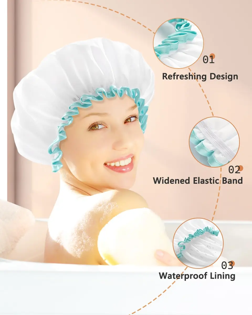 mikimini White Shower Cap 2 Pack | Double Waterproof, Reusable, Washable, Comfortable - view 4