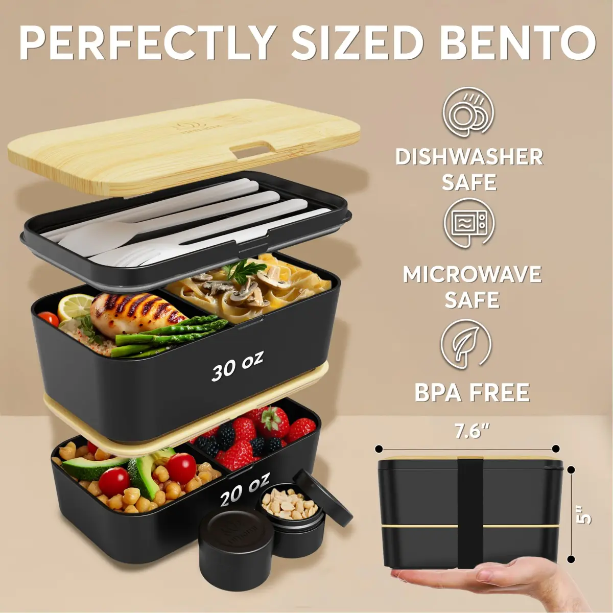 Umami Bento Box Adult Stackable Lunch Box 1500ml (50 oz) | Leakproof & Microwave-Safe with Utensils - view 6