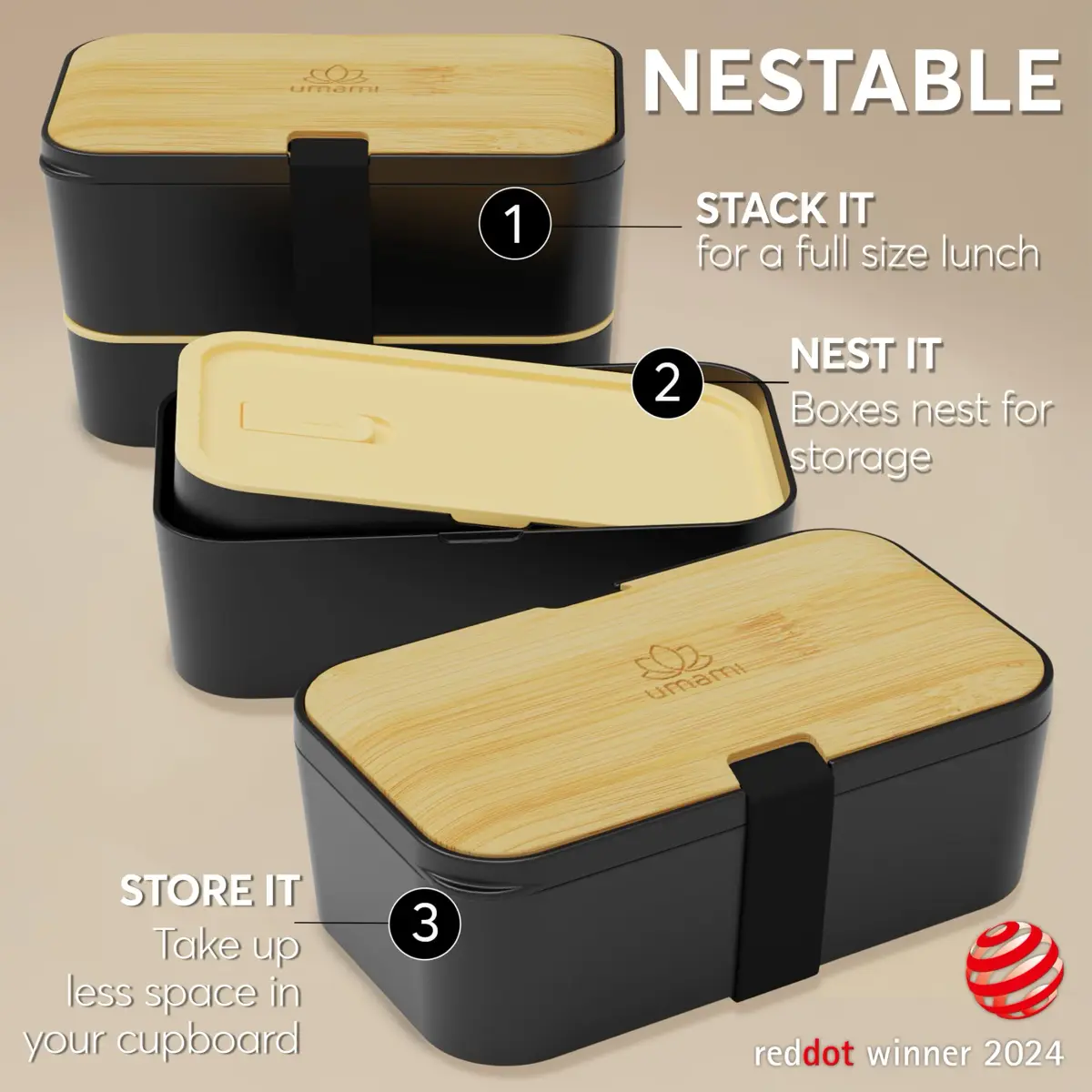 Umami Bento Box Adult Stackable Lunch Box 1500ml (50 oz) | Leakproof & Microwave-Safe with Utensils - view 3
