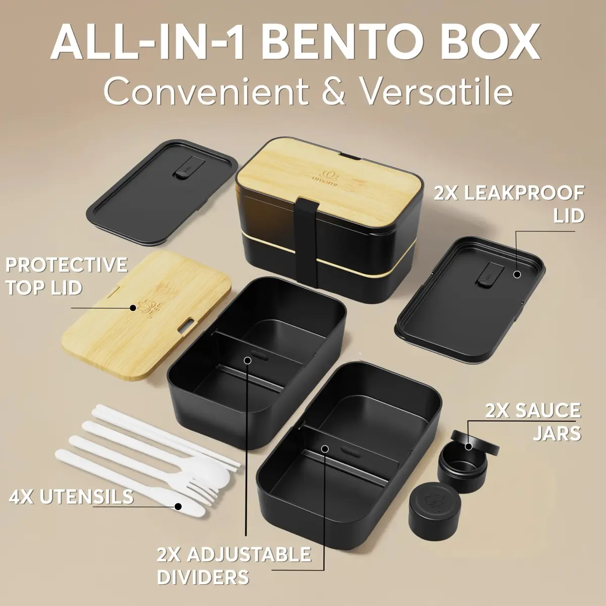 Umami Bento Box Adult Stackable Lunch Box 1500ml (50 oz) | Leakproof & Microwave-Safe with Utensils - view 4