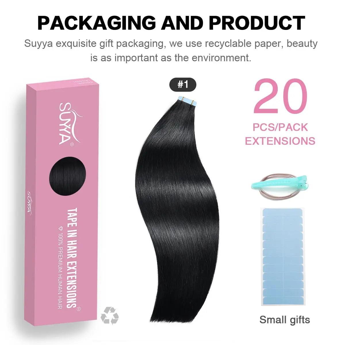 SUYYA Tape In Hair Extensions Human Hair 14 Inch #1 Jet Black | Seamless Natural Length & Volume - view 2