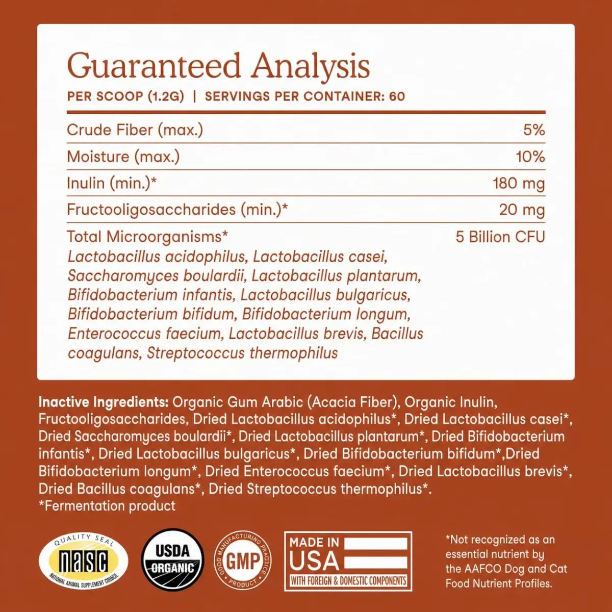 Fera Pets Organic Probiotics for Dogs & Cats with Prebiotics, 60 Scoops | USDA Organic Gut Health Powder Supplement with 12 Strains and 5 Billion CFUs - view 7