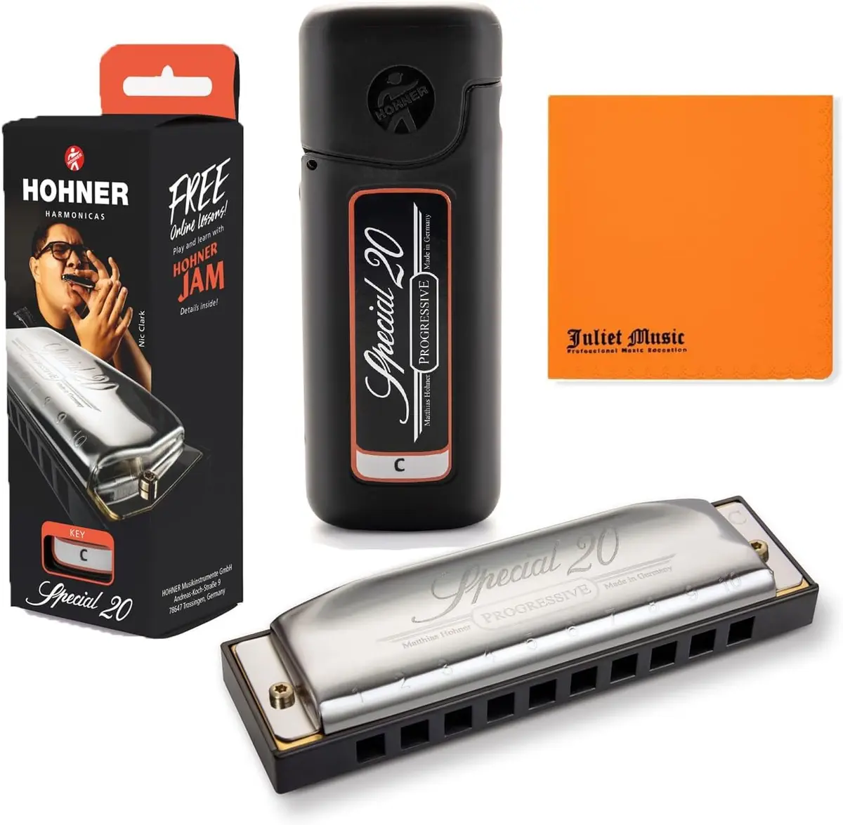 Hohner Special 20 Harmonica, 10 Holes Major C Bundle with Hard Case & Juliet Music Polishing Cloth | German Quality Craftsmanship - main product image