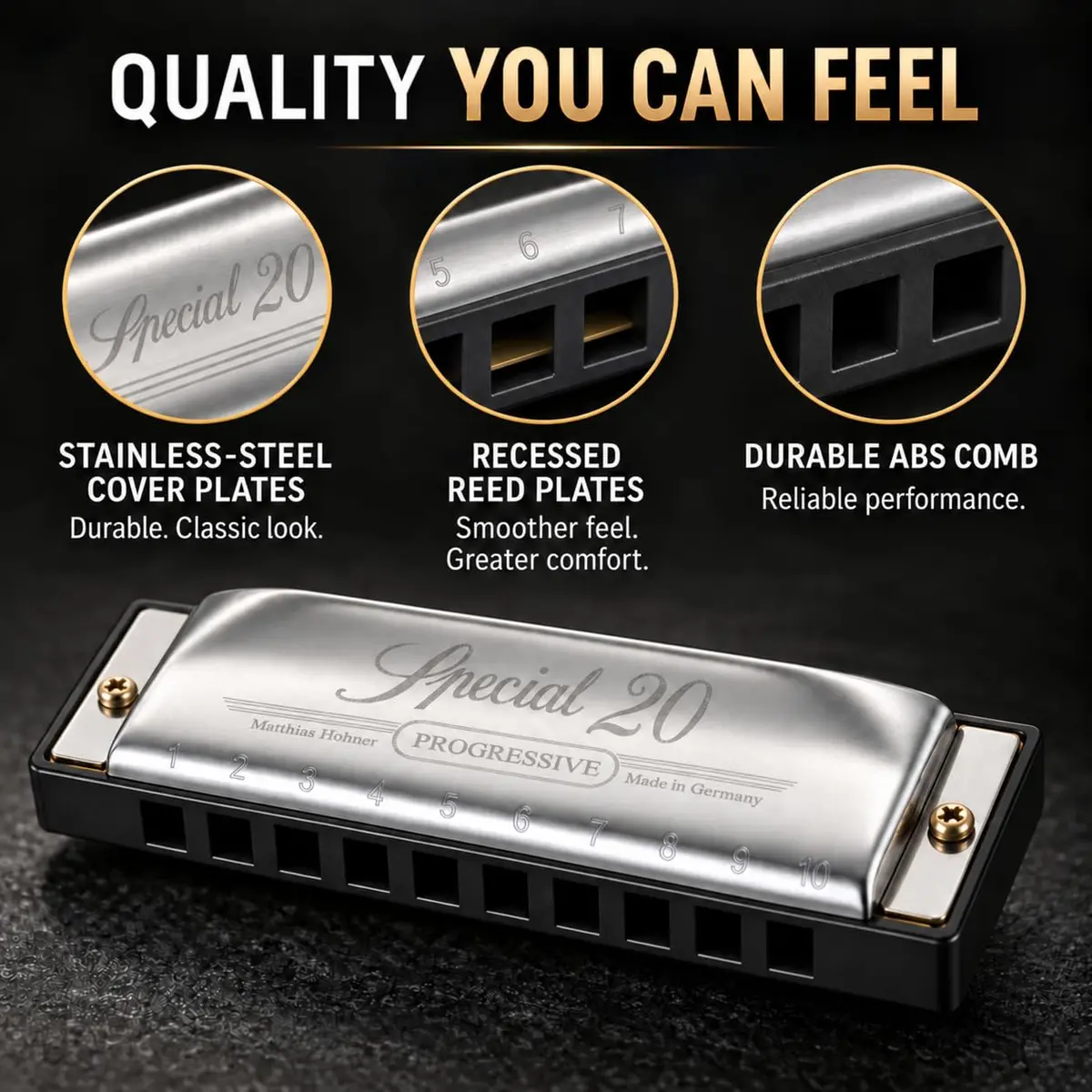Hohner Special 20 Harmonica, 10 Holes Major C Bundle with Hard Case & Juliet Music Polishing Cloth | German Quality Craftsmanship - view 2