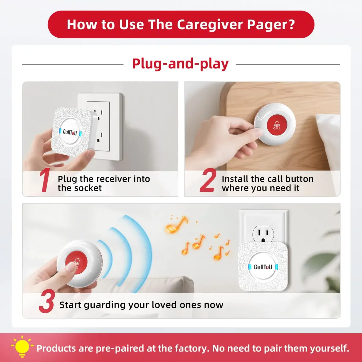 CallToU Wireless Caregiver Pager System with Waterproof Transmitter & 500+ ft Range | 1 Receiver 1 Call Button - view 6