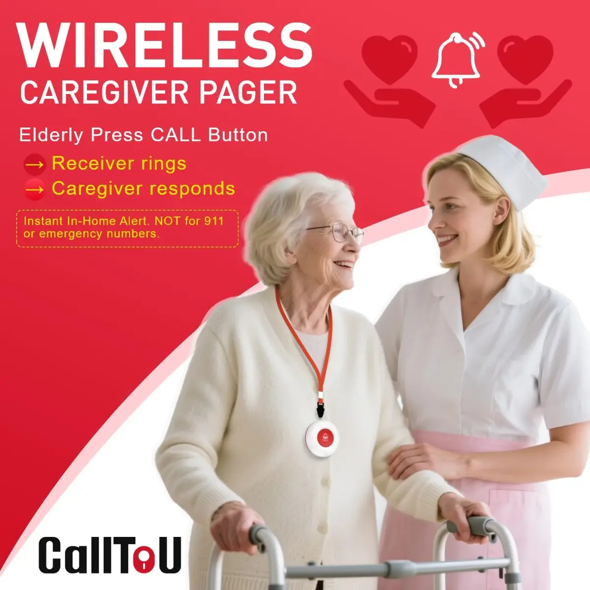 CallToU Wireless Caregiver Pager System with Waterproof Transmitter & 500+ ft Range | 1 Receiver 1 Call Button - view 2
