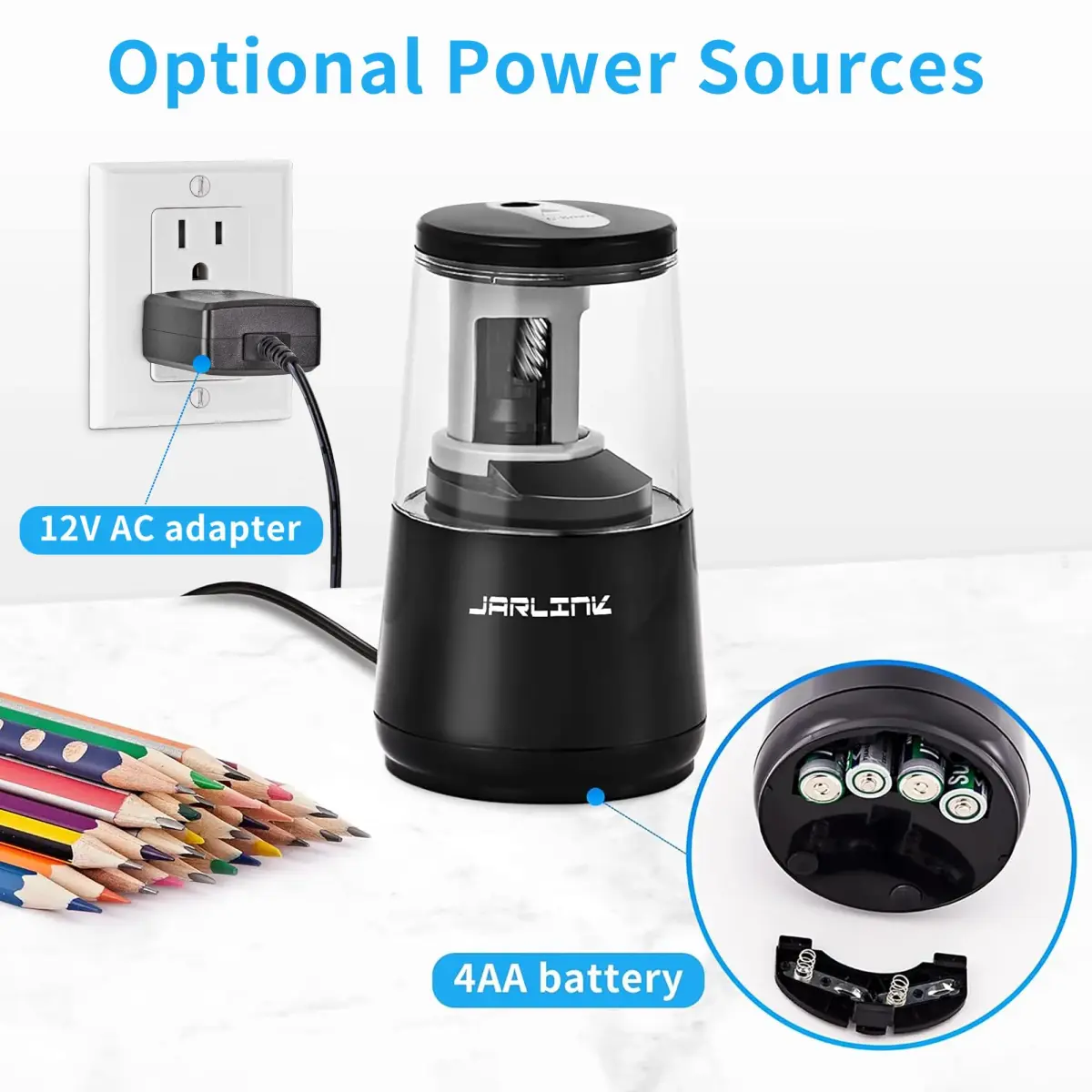 JARLINK Heavy Duty Electric Pencil Sharpener with Helical Blade & Auto Stop | 6-8mm Pencils, Black - view 5