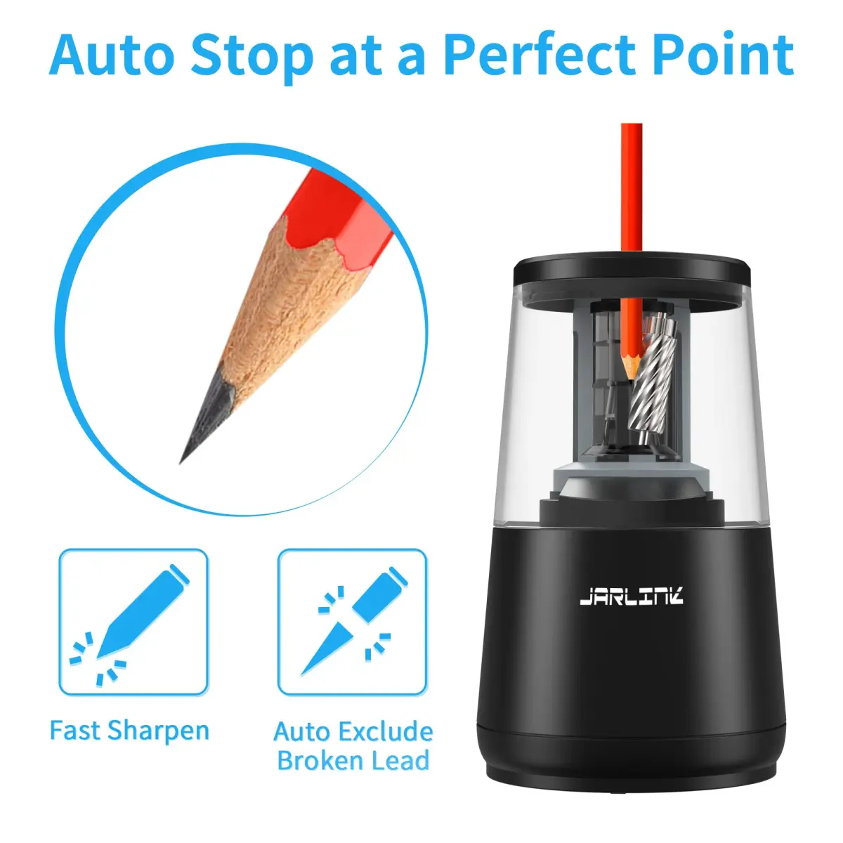 JARLINK Heavy Duty Electric Pencil Sharpener with Helical Blade & Auto Stop | 6-8mm Pencils, Black - view 3