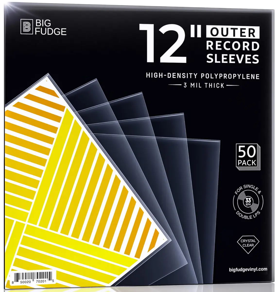 Big Fudge 12" Vinyl Record Outer Sleeves 50 Pack | Crystal Clear Polypropylene LP Album Protection - main product image