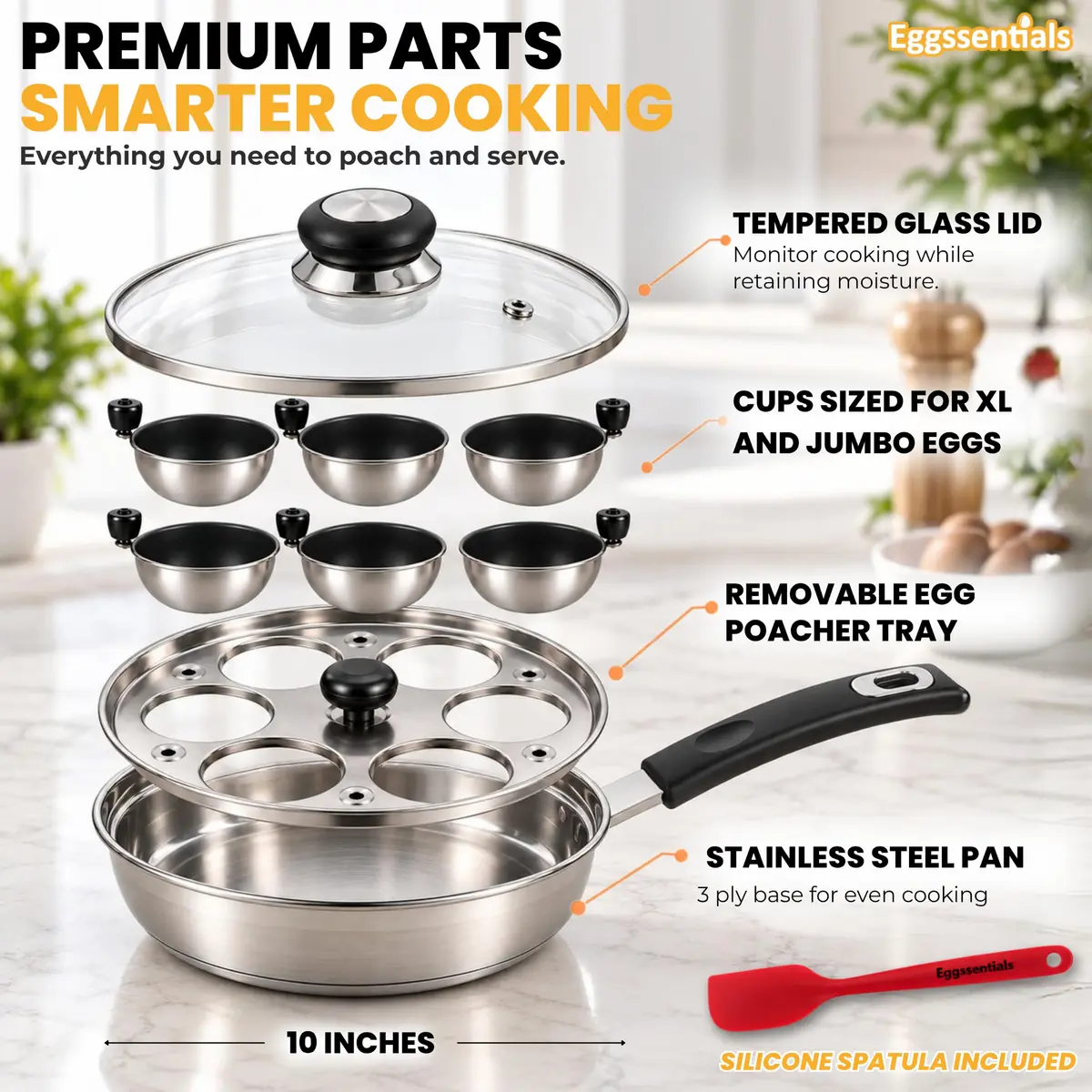 Eggssentials Egg Poacher Pan Nonstick Poached Egg Maker, Stainless Steel, 10 inches | PFOA Free, Dishwasher Safe - view 4