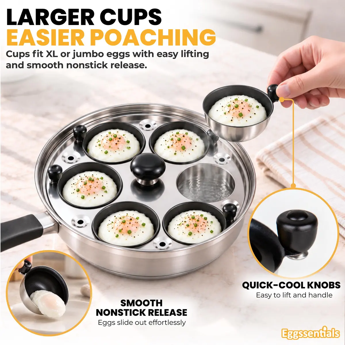 Eggssentials Egg Poacher Pan Nonstick Poached Egg Maker, Stainless Steel, 10 inches | PFOA Free, Dishwasher Safe - view 6