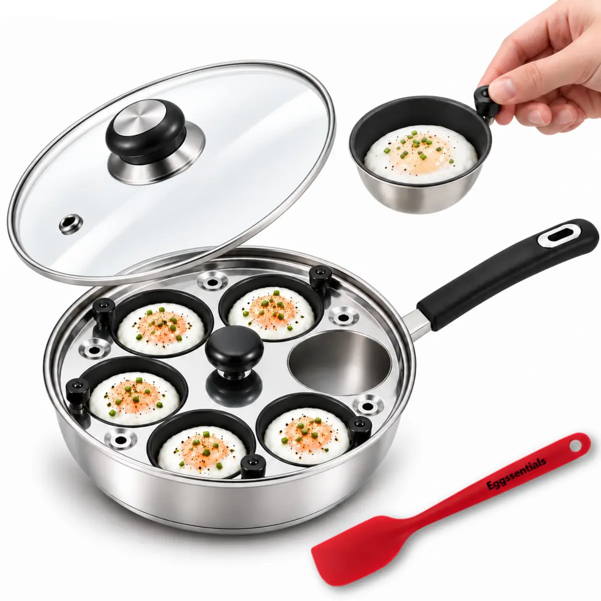 Eggssentials Egg Poacher Pan Nonstick Poached Egg Maker, Stainless Steel, 10 inches | PFOA Free, Dishwasher Safe - main product image