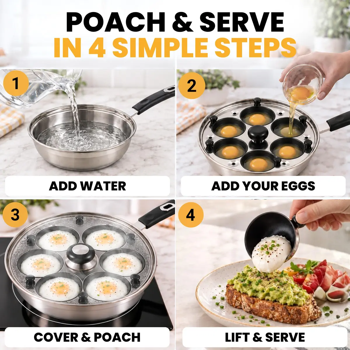 Eggssentials Egg Poacher Pan Nonstick Poached Egg Maker, Stainless Steel, 10 inches | PFOA Free, Dishwasher Safe - view 3
