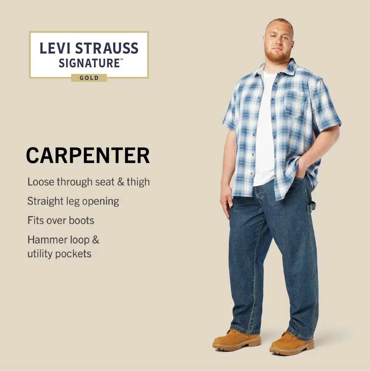 Signature by Levi Strauss & Co. Men's Carpenter Jeans, Light Indigo Stretch, 50W x 32L (127cm x 81cm) | Loose Fit Workwear - view 3