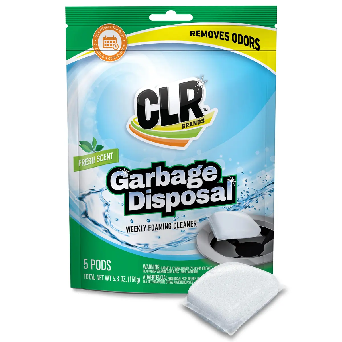 CLR Garbage Disposal Cleaner and Deodorizer Pods, 5 Count | Fresh Scent Weekly Foaming Drain Odor Eliminator - 1 Month Supply - main product image