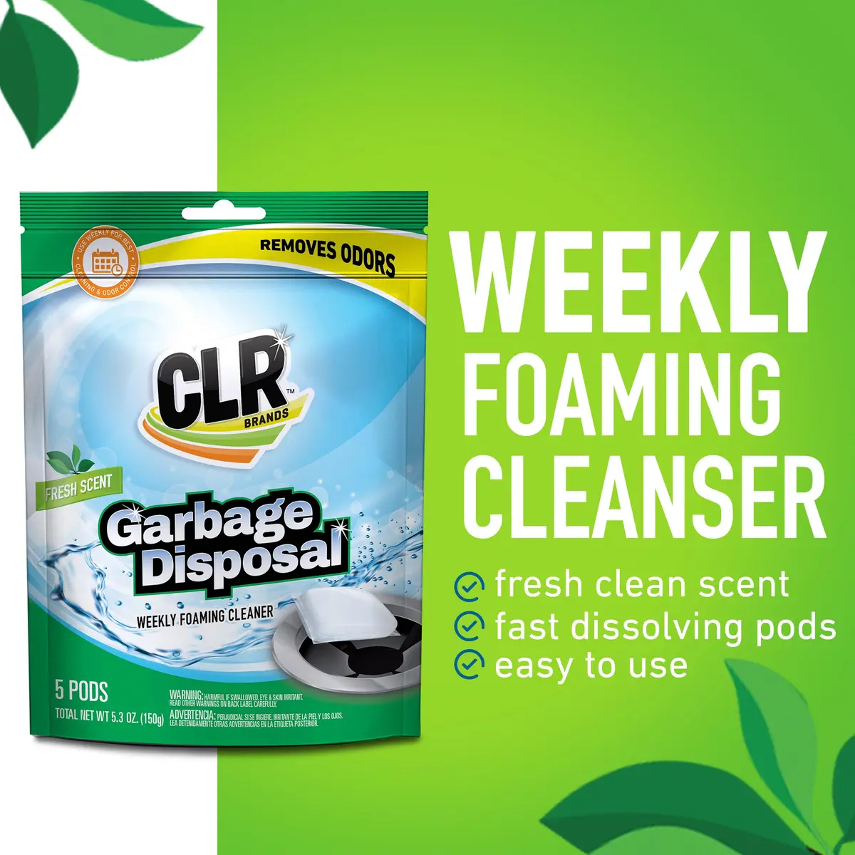 CLR Garbage Disposal Cleaner and Deodorizer Pods, 5 Count | Fresh Scent Weekly Foaming Drain Odor Eliminator - 1 Month Supply - view 2