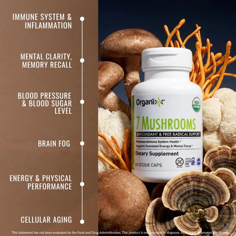 Organixx 7 Mushroom Supplement, Fermented, Immune Support, 60 Caps | USDA Organic & Bioavailable Mushroom Blend - view 7