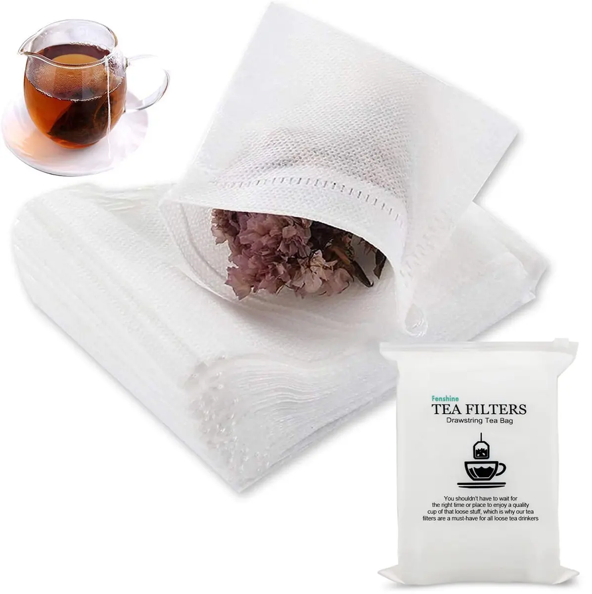 fenshine Disposable Tea Bags 200 pcs | Non-Woven Fabric, Drawstring, 7x9cm, Safe & Portable - main product image