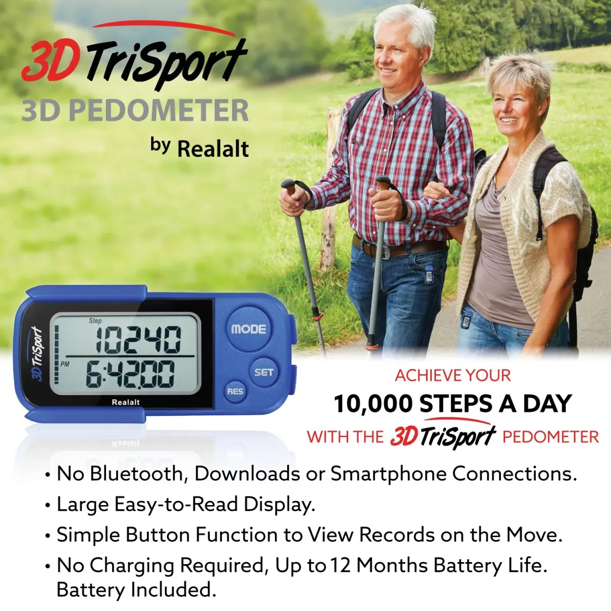 Realalt 3DTriSport 3D Pedometer with Clip & Strap, Accurate Step Counter 7.8cm (3") | Tracks Steps, Distance, Calories - view 6