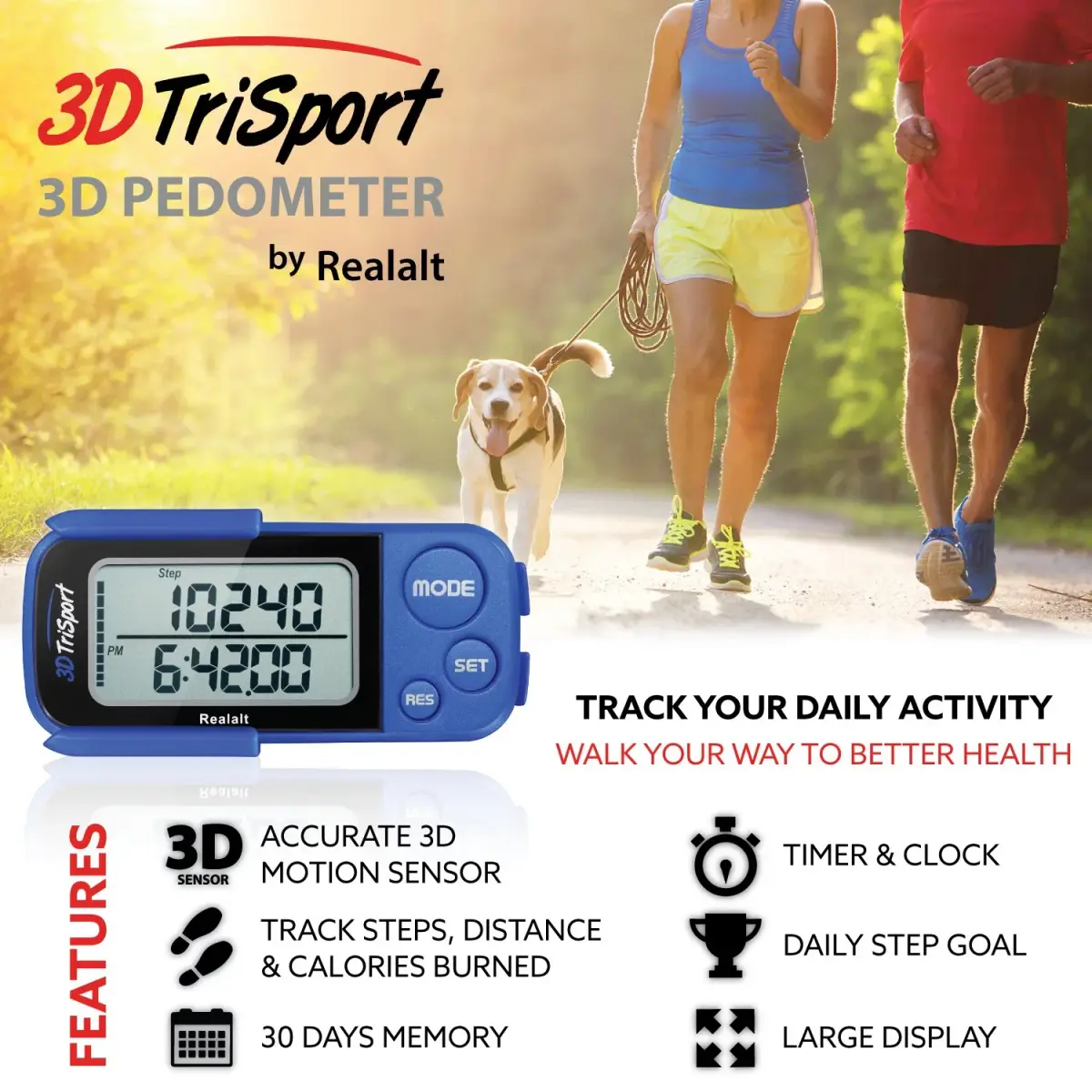 Realalt 3DTriSport 3D Pedometer with Clip & Strap, Accurate Step Counter 7.8cm (3") | Tracks Steps, Distance, Calories - view 2