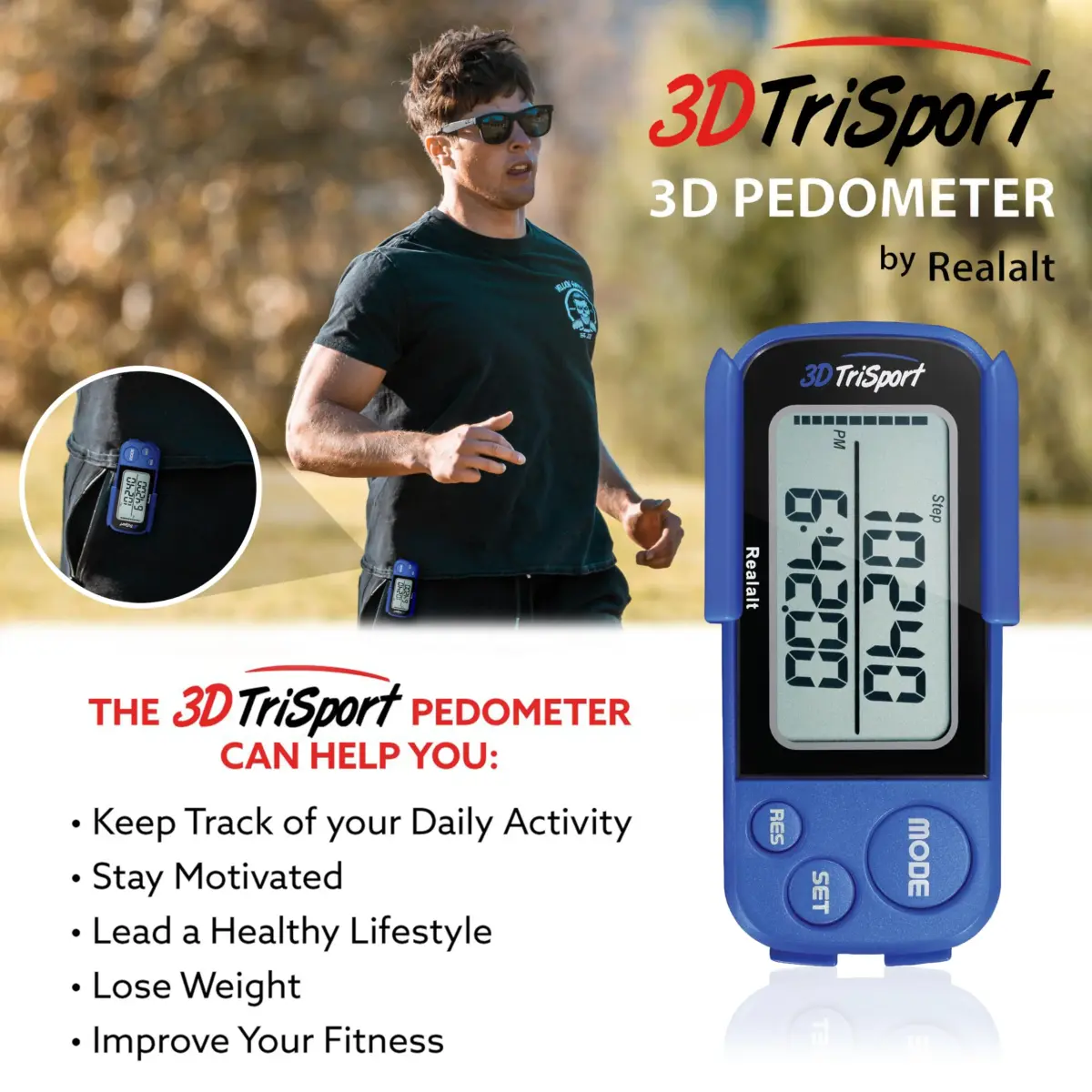 Realalt 3DTriSport 3D Pedometer with Clip & Strap, Accurate Step Counter 7.8cm (3") | Tracks Steps, Distance, Calories - view 3