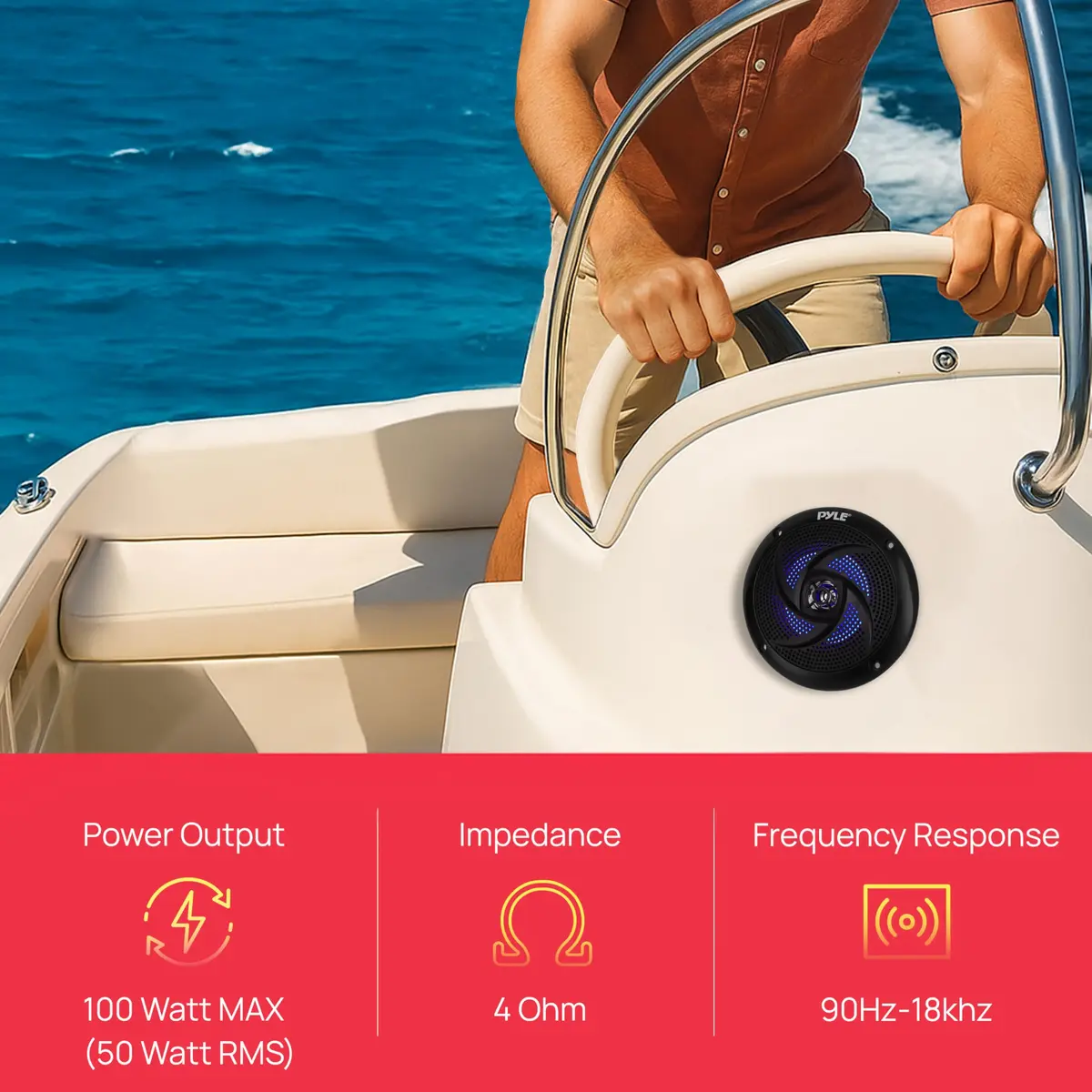 Pyle Waterproof Rated Marine Speakers 4'' 2-Way 100W Pair | Weather-Resistant Outdoor Audio Stereo Sound System with Blue LED Lights - view 5