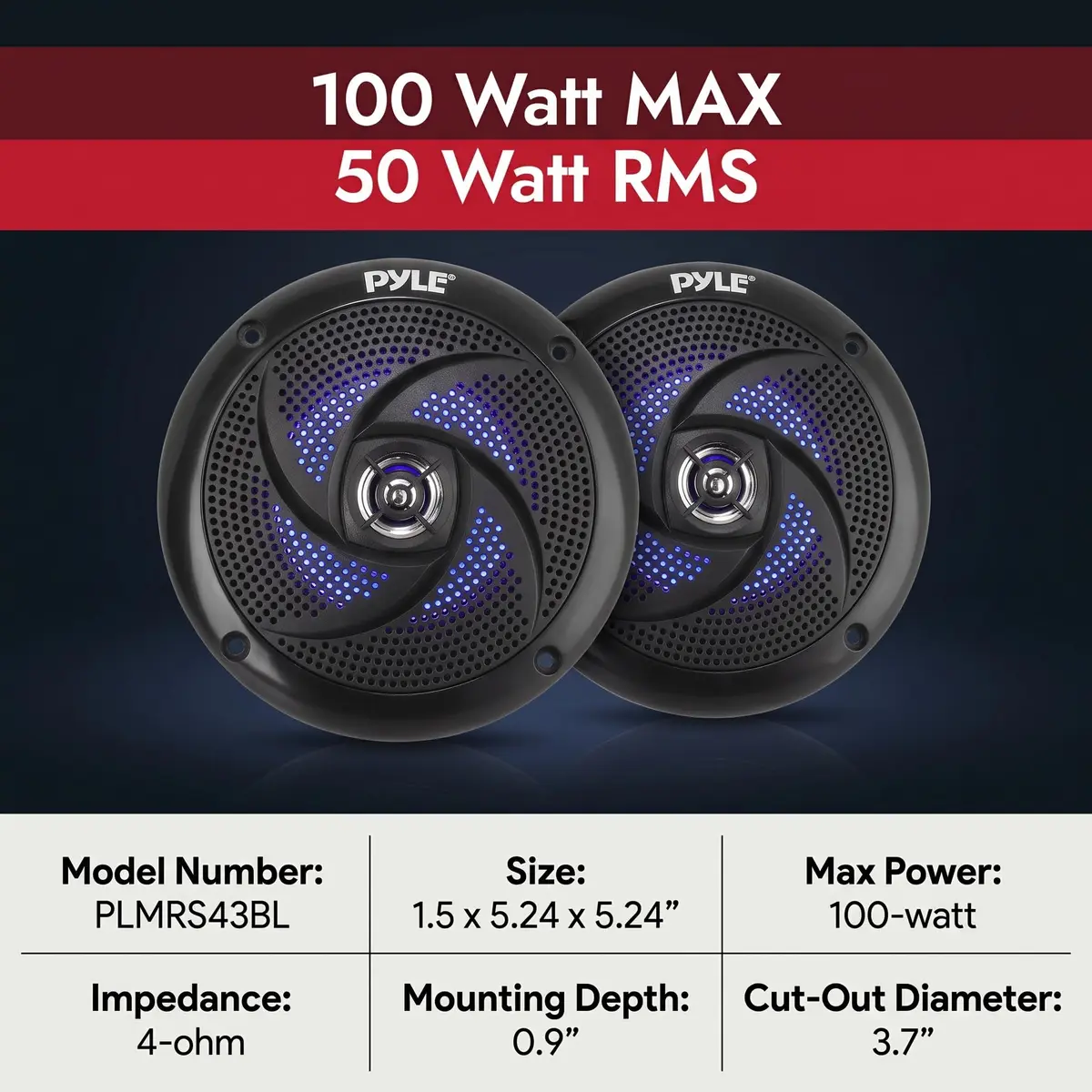 Pyle Waterproof Rated Marine Speakers 4'' 2-Way 100W Pair | Weather-Resistant Outdoor Audio Stereo Sound System with Blue LED Lights - view 2