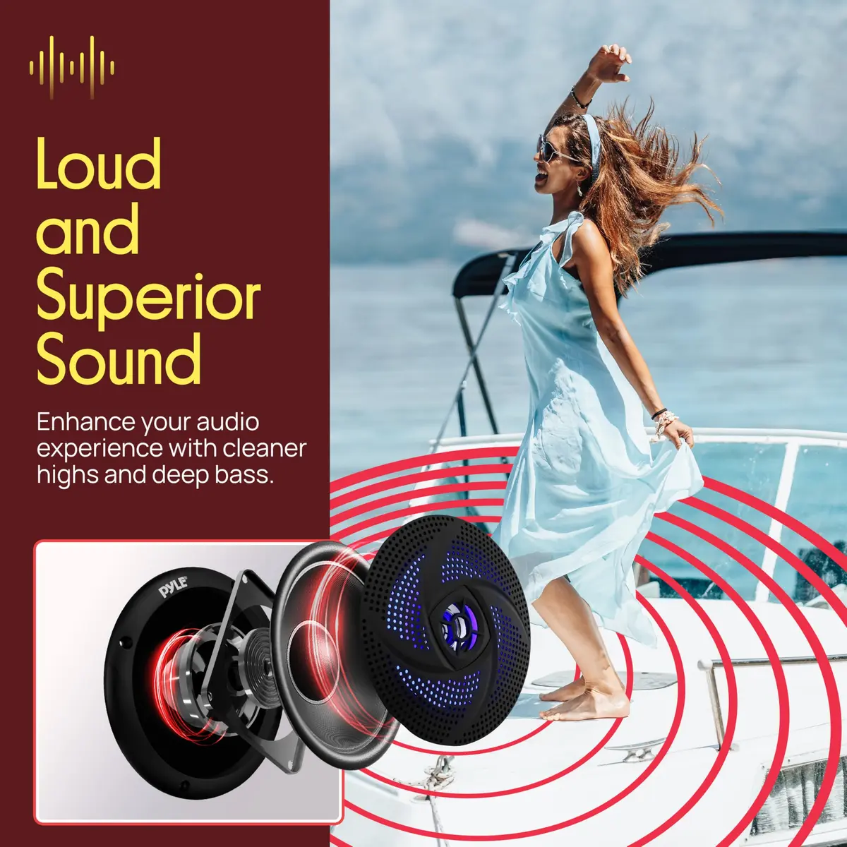 Pyle Waterproof Rated Marine Speakers 4'' 2-Way 100W Pair | Weather-Resistant Outdoor Audio Stereo Sound System with Blue LED Lights - view 3