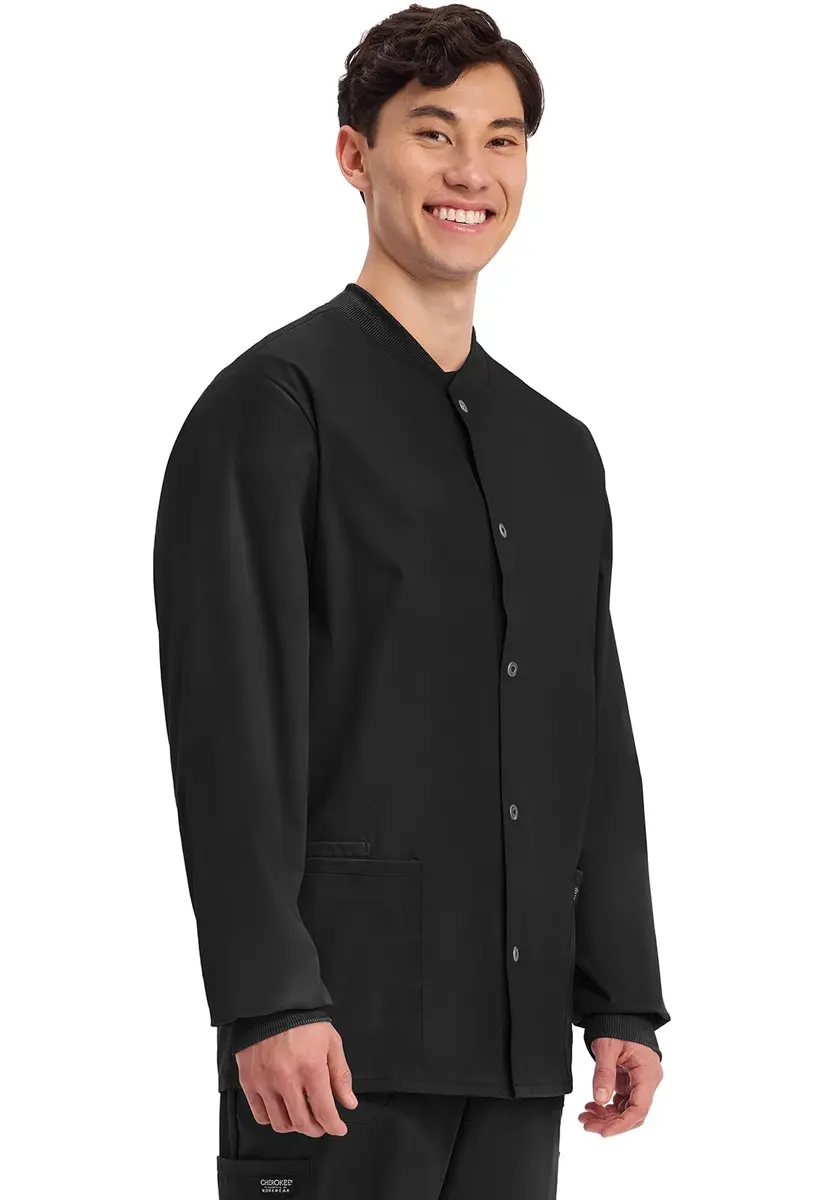 Cherokee Men’s Medical Scrub Jacket Ww360 | Professional Long Sleeve, Snap Front, Black, Size Large - view 5