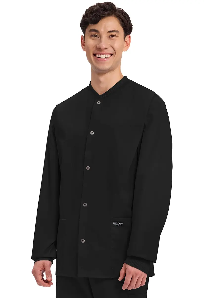 Cherokee Men’s Medical Scrub Jacket Ww360 | Professional Long Sleeve, Snap Front, Black, Size Large - view 2