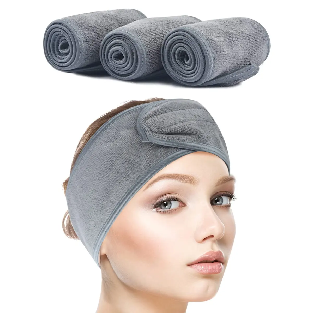 SINLAND Adjustable Spa Facial Headband 3 Pack Grey | Soft Terry Cloth for Face Washing & Makeup - main product image