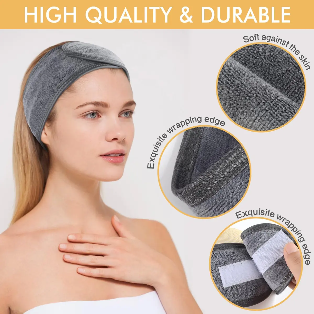 SINLAND Adjustable Spa Facial Headband 3 Pack Grey | Soft Terry Cloth for Face Washing & Makeup - view 2
