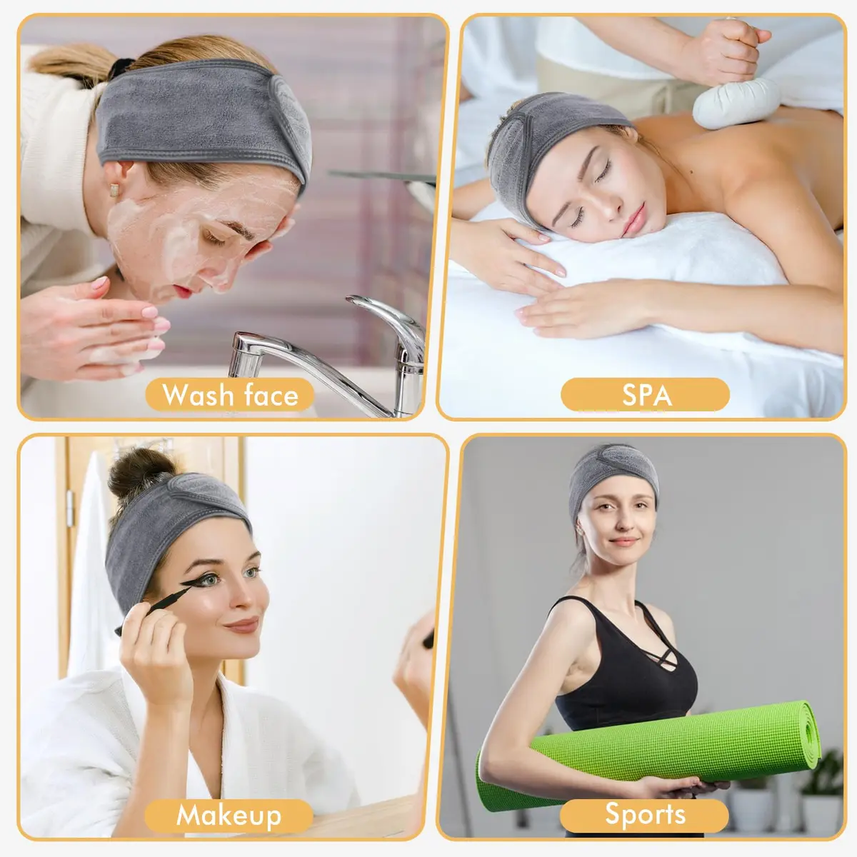 SINLAND Adjustable Spa Facial Headband 3 Pack Grey | Soft Terry Cloth for Face Washing & Makeup - view 4