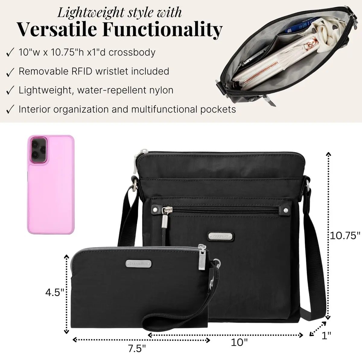 Baggallini Go Bagg with RFID Wristlet - Lightweight Travel Purse Crossbody Bag for Women - view 6