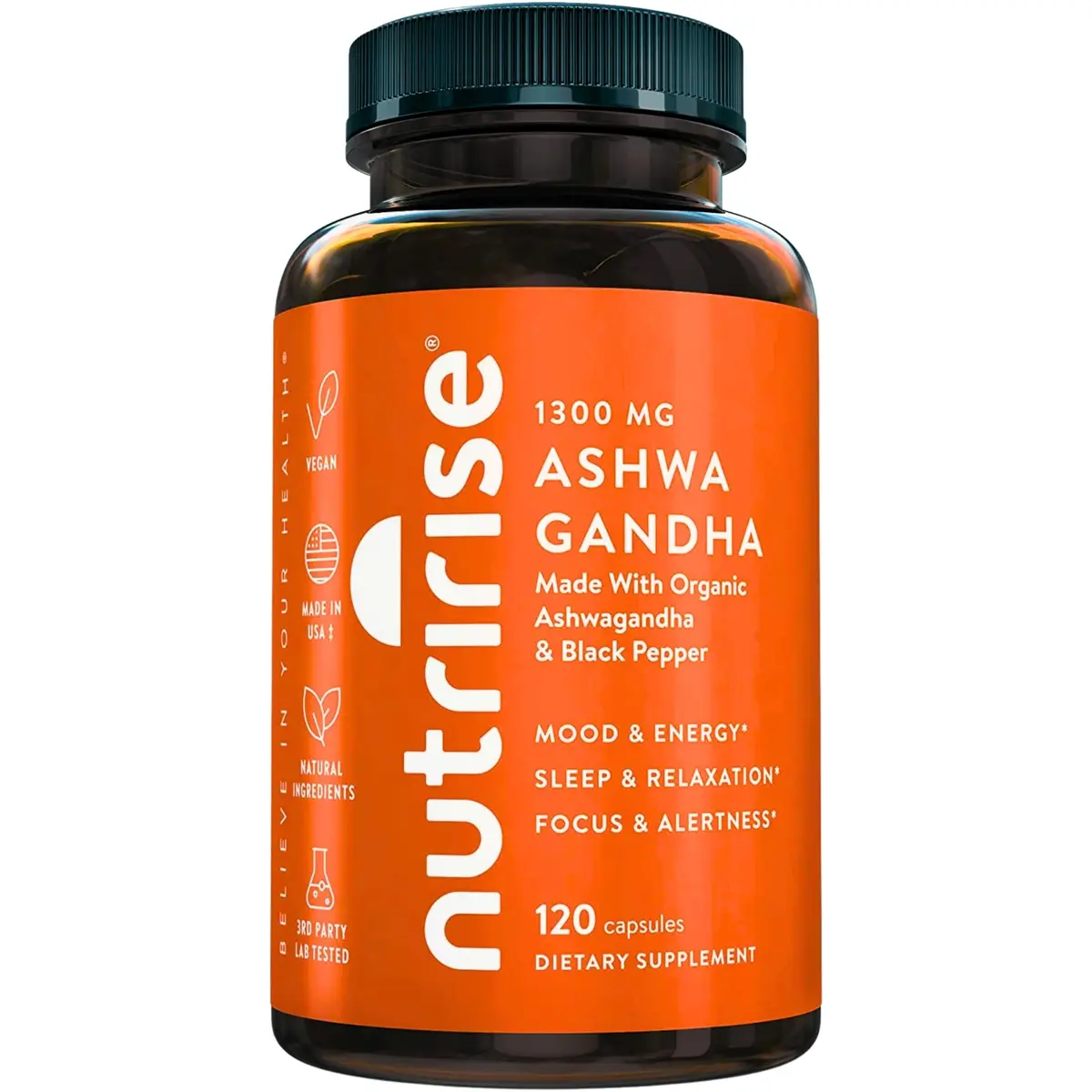 NutriRise Organic Ashwagandha Root Capsules with Black Pepper 1300mg | Stress, Focus & Energy Support - main product image