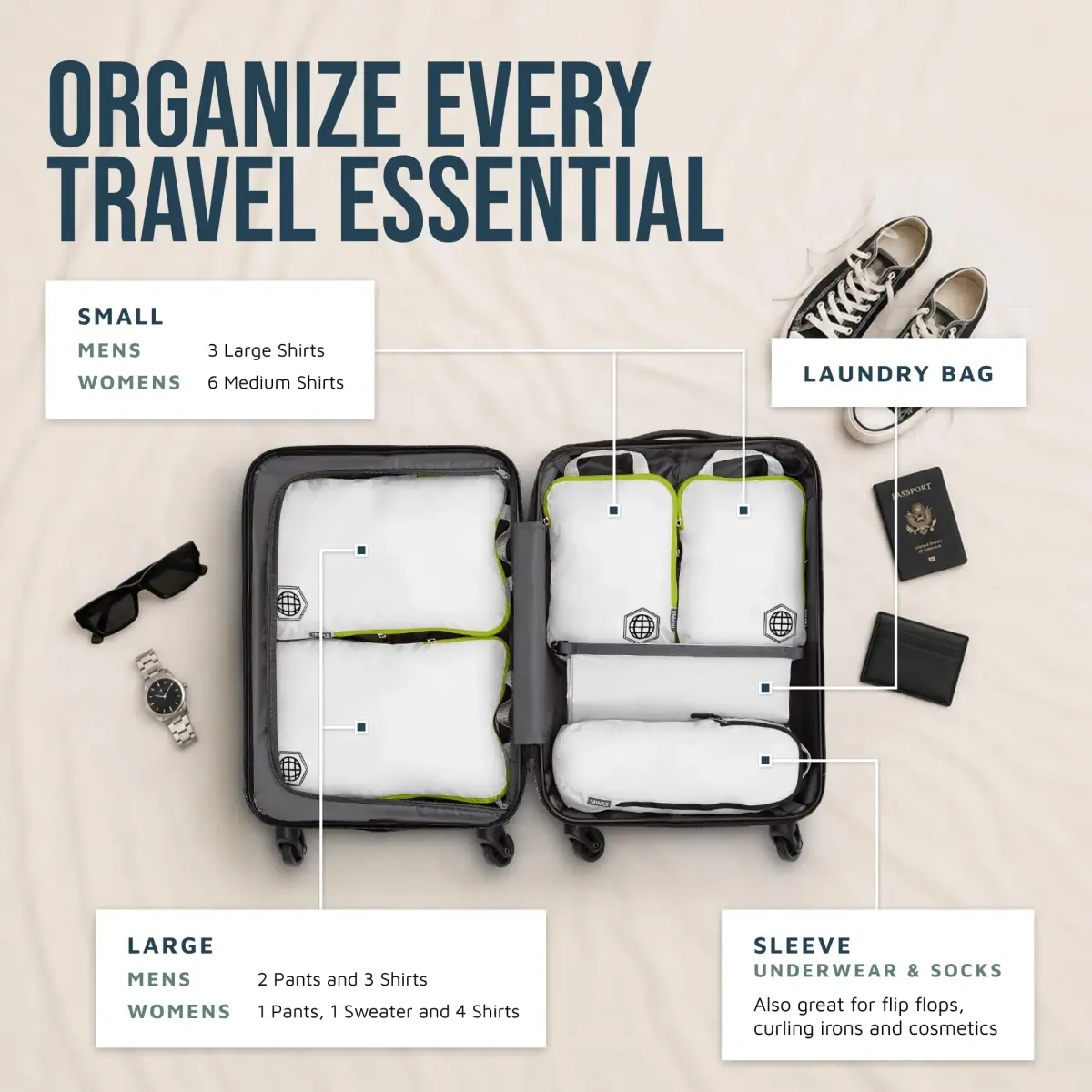 TRIPPED Travel Gear Compression Packing Cubes for Carry-On Travel 6-Pack | Ultralight Ripstop Nylon with Double-Stitched Zippers - view 2