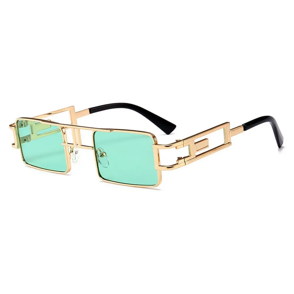 mincl Hip-Hop Square Metal Small Frame Sunglasses UV400, Gold-Green | Retro Style for Women & Men - main product image