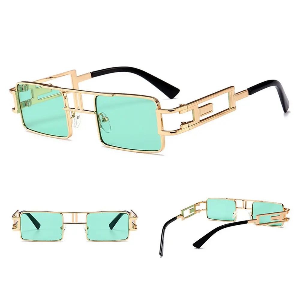 mincl Hip-Hop Square Metal Small Frame Sunglasses UV400, Gold-Green | Retro Style for Women & Men - view 2