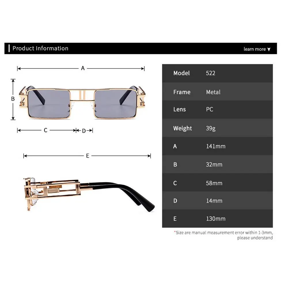 mincl Hip-Hop Square Metal Small Frame Sunglasses UV400, Gold-Green | Retro Style for Women & Men - view 3