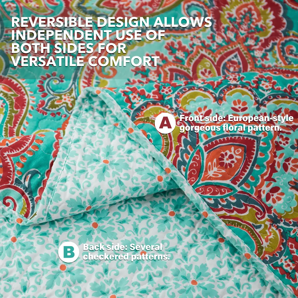 NEWLAKE Cotton Bedspread Quilt Sets-Reversible Patchwork Coverlet Queen Size | Floral Pattern, All-Season Comfort - view 3