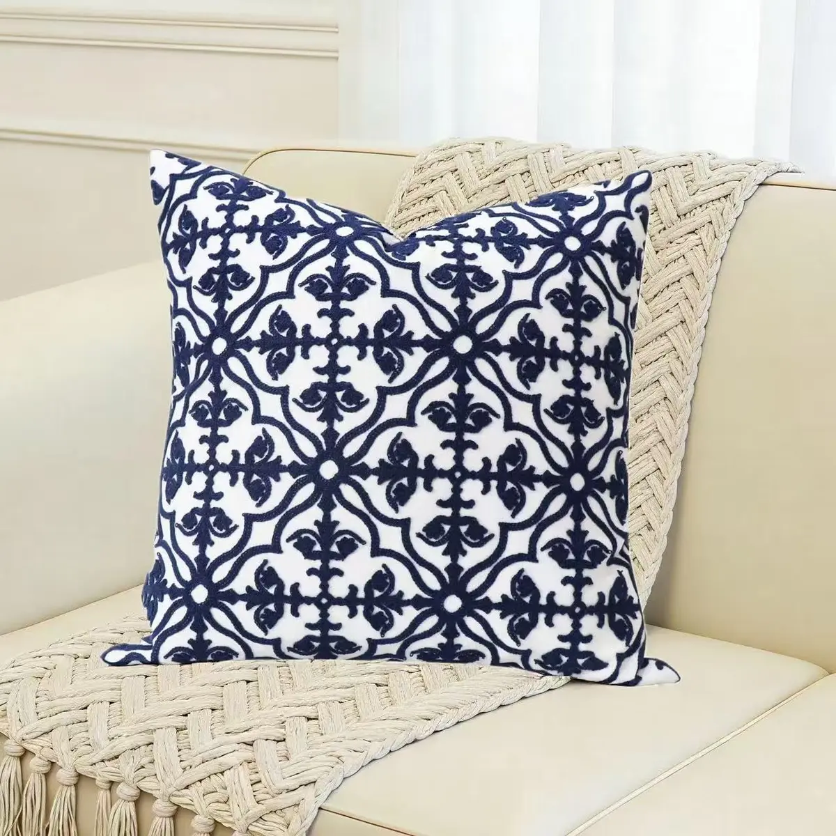 Slow Cow Embroidered Throw Pillow Cover 18 x 18 Inch Navy Blue | Intricate Embroidery, Cotton, Hidden Zipper - main product image