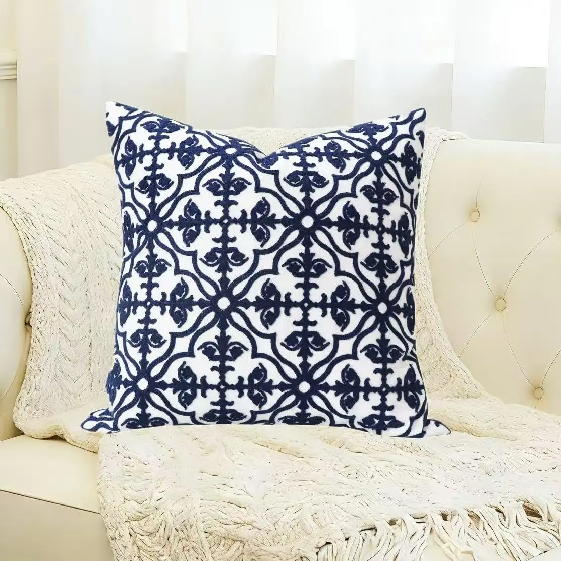 Slow Cow Embroidered Throw Pillow Cover 18 x 18 Inch Navy Blue | Intricate Embroidery, Cotton, Hidden Zipper - view 5