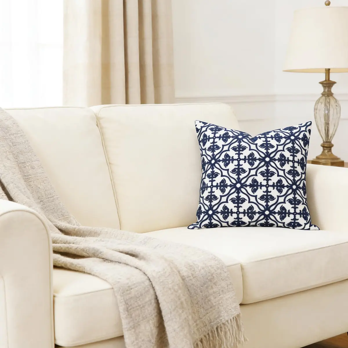 Slow Cow Embroidered Throw Pillow Cover 18 x 18 Inch Navy Blue | Intricate Embroidery, Cotton, Hidden Zipper - view 6